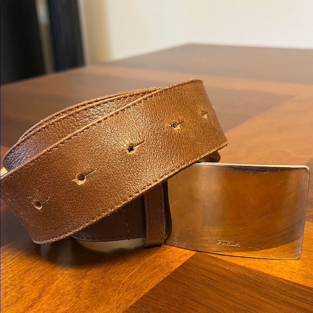Brown Leather Belt with Silver Buckle, Furla, Italy, medium, vintage